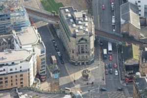 Aerial view of the Mercat Building at Glasgow Cross